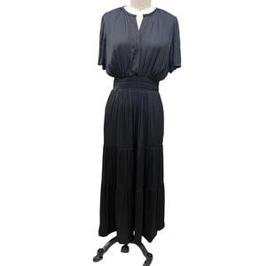 Muse Dress Womens Medium Black satin Pleated Tiered Maxi Flutter Sleeve Blouson